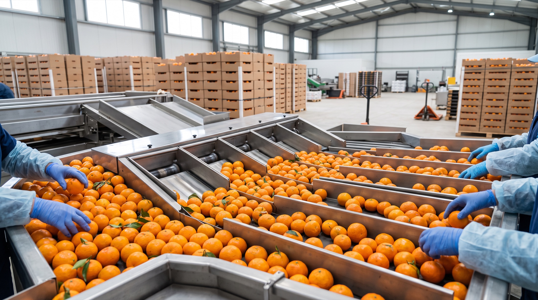 Clementines running through a calibration line into size lanes in a Moroccan packhouse