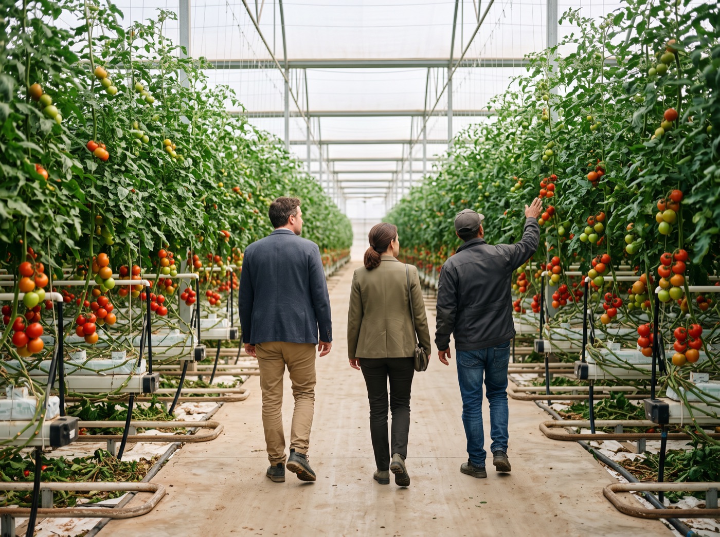 Two buyers walking with a grower through a tomato greenhouse near Agadir